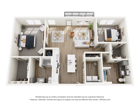 A 3D floor plan of a house with a kitchen, living room, and two bedrooms.